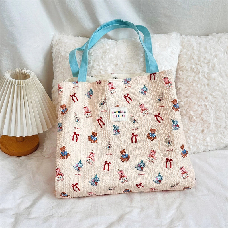 4431 Cute Sweet Printed Puppy Double Layer Canvas Bag Summer New Large Capacity Casual Portable Shoulder Bag