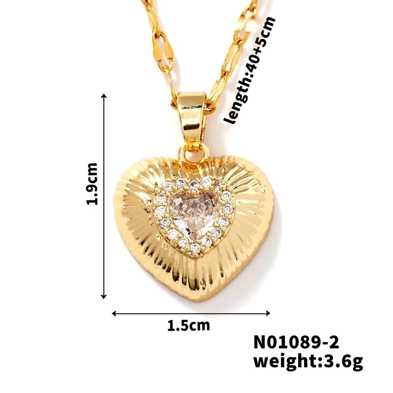 Classic Style Heart Shape 304 Stainless Steel Copper Zircon K Gold Plated Rhodium Plated Inlay Pendant Necklace