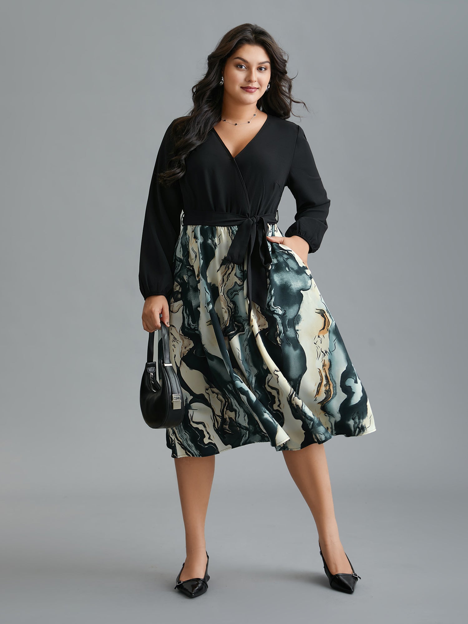 Surplice Neck Marble Print Belted Dress