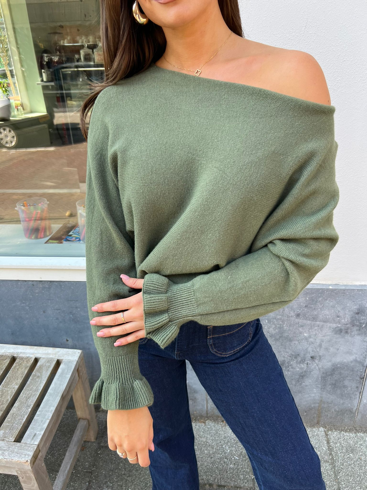 Vlinder Ruffle Sleeve Army Green