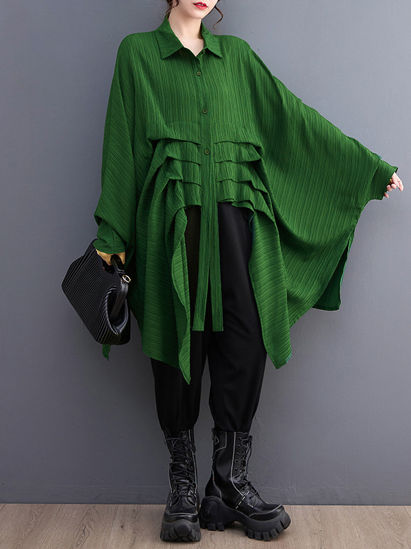 Long Sleeves Loose Pleated Solid Color Lapel Blouses&Shirts Tops