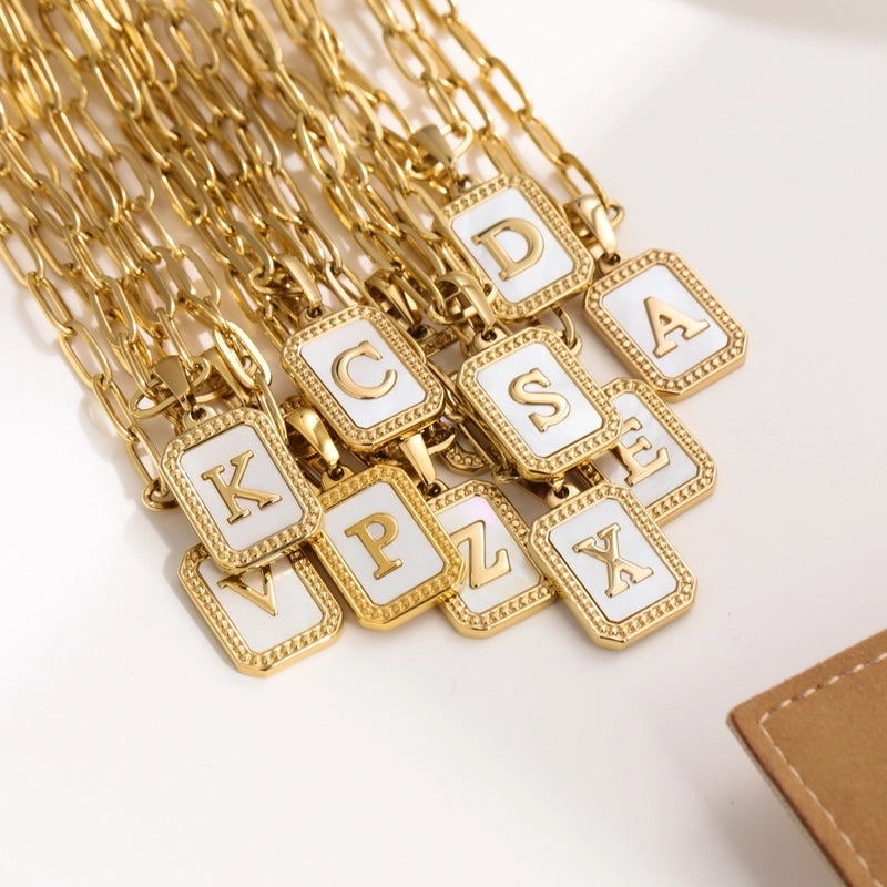 Minimalist Letter Square Titanium Steel Plating Inlay Shell Pendant Necklace 1 Piece