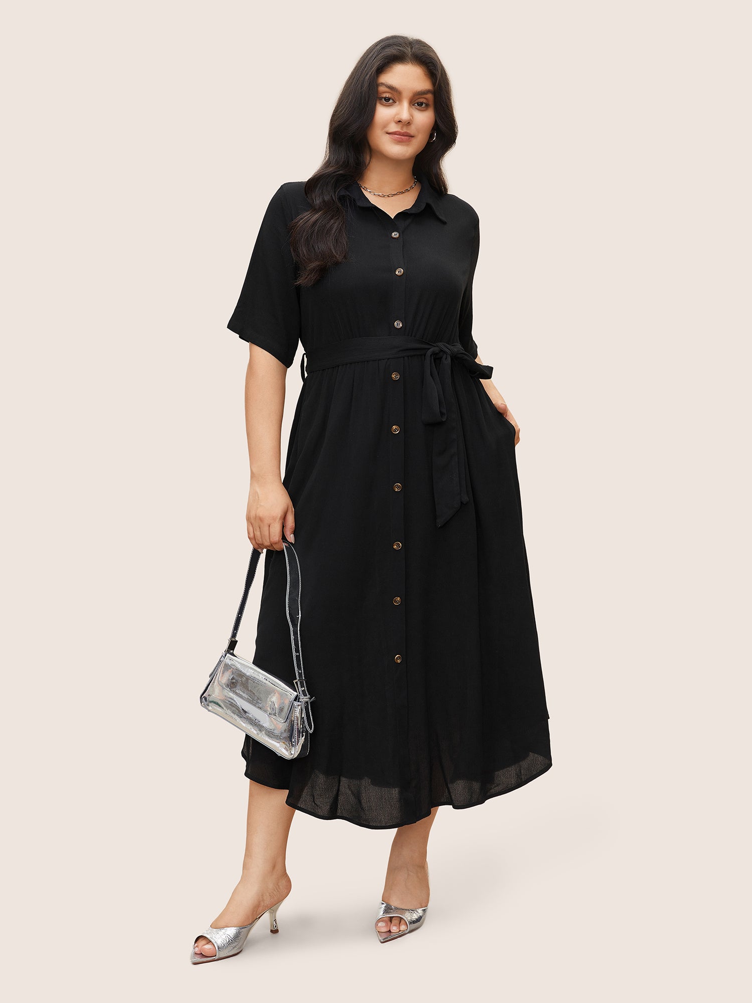 Solid Button Pocket Shirt Collar Belted Maxi Dress