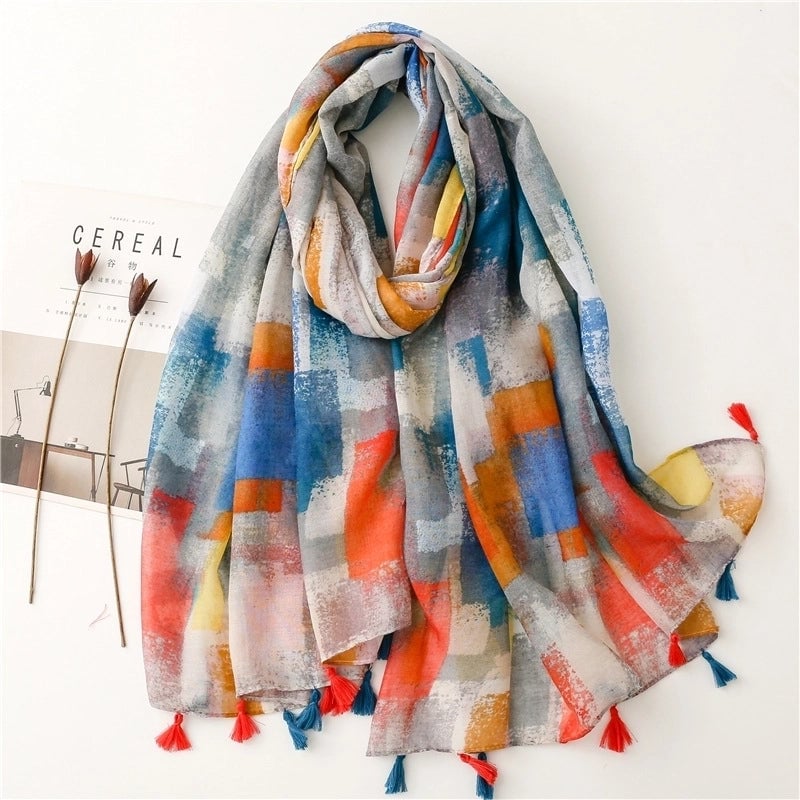 Yarn Cotton Fruit Green Bright Yellow Leaf Printing Tassel Scarf Shawl