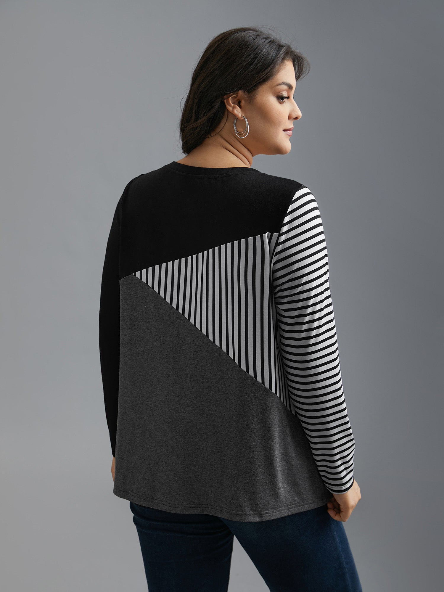 Crew Neck Striped Color Contrast Patchwork Top