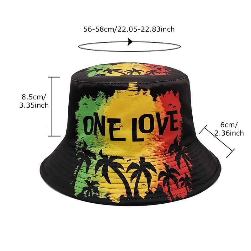 Unisex Retro Letter Coconut Tree Printing Wide Eaves Bucket Hat