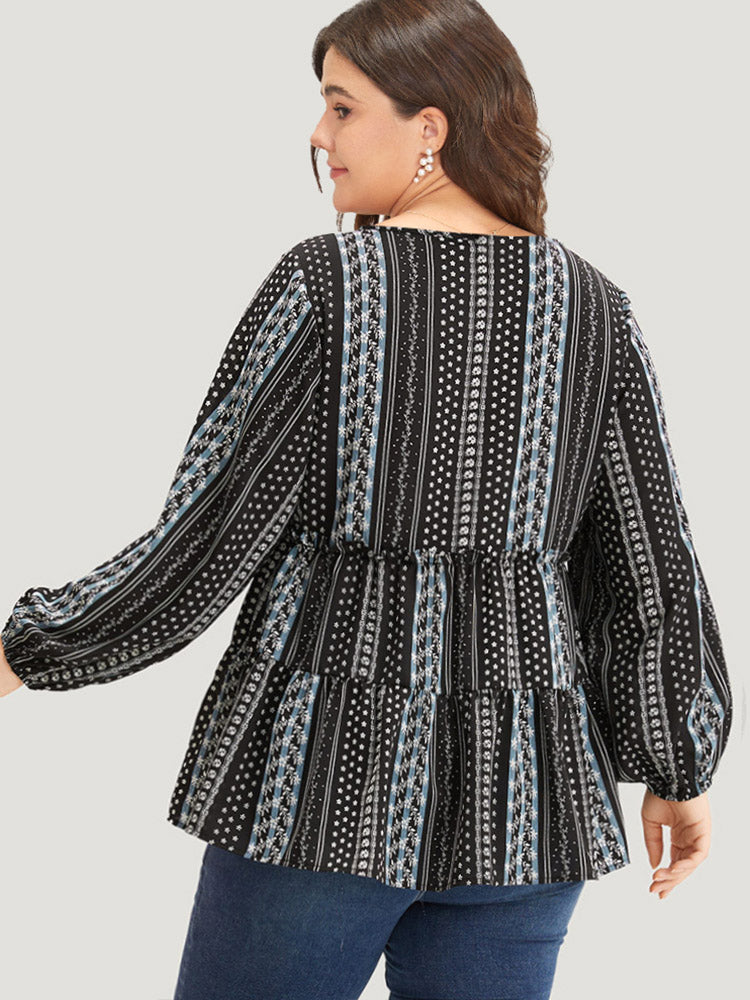 Boho Print Frill Trim Ruffle Layered Hem Blouse