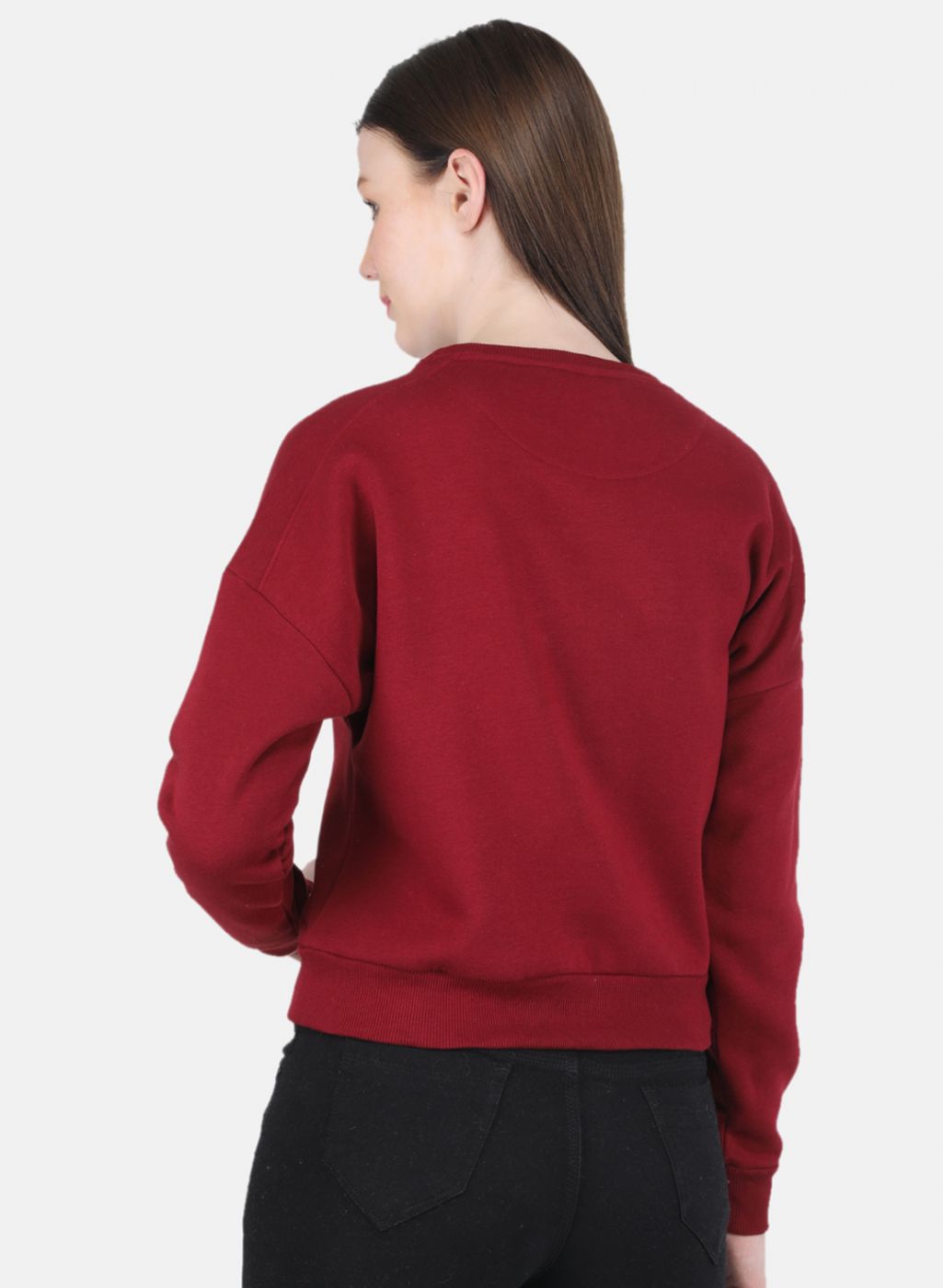 Women Maroon Printed Round Neck Full Sleeve Sweatshirt