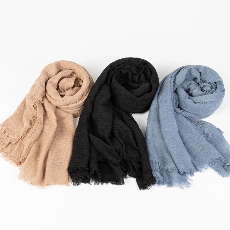 Hot Selling Women's Cotton And Linen Solid Color Baotou Scarf Cover Pleated Short Beard Headscarf