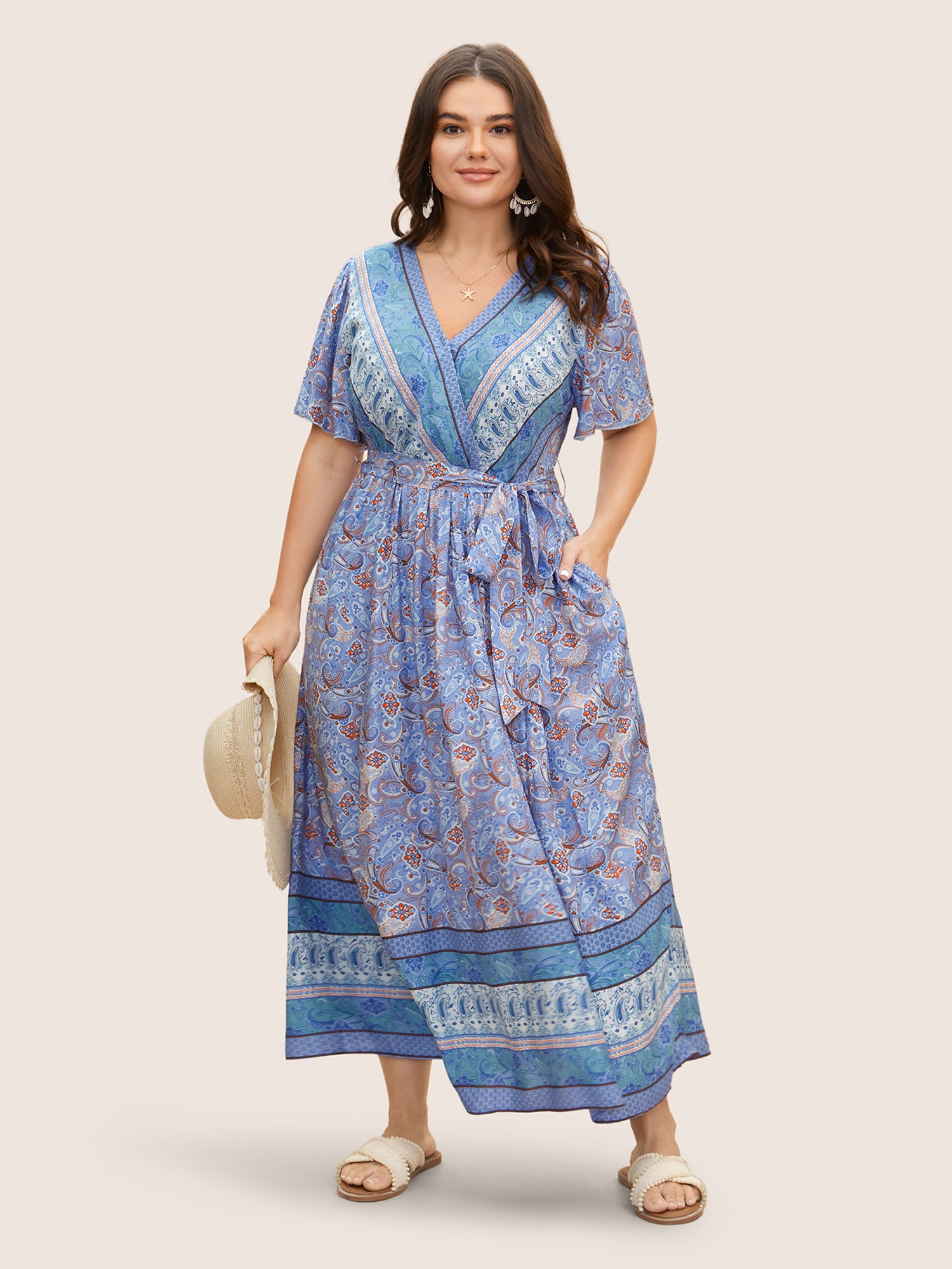 Bandana Surplice Neck Pocket Belted Flutter Hem Maxi Dress