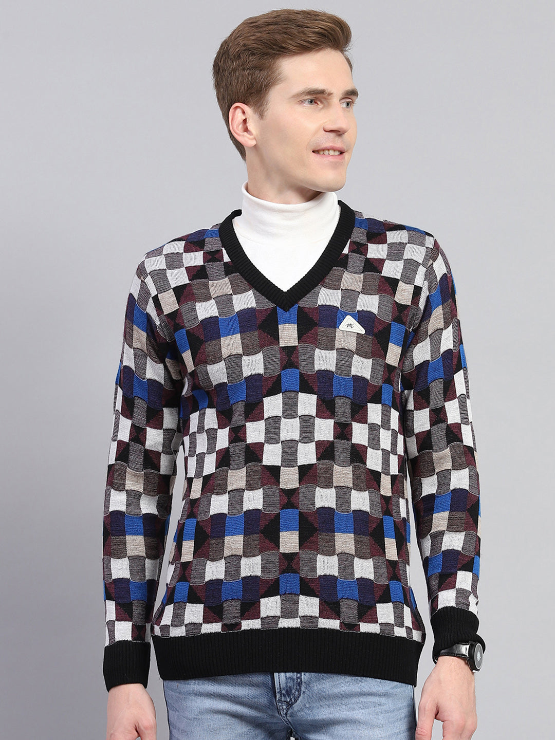 Men Multicolor Check V Neck Full Sleeve Pullover