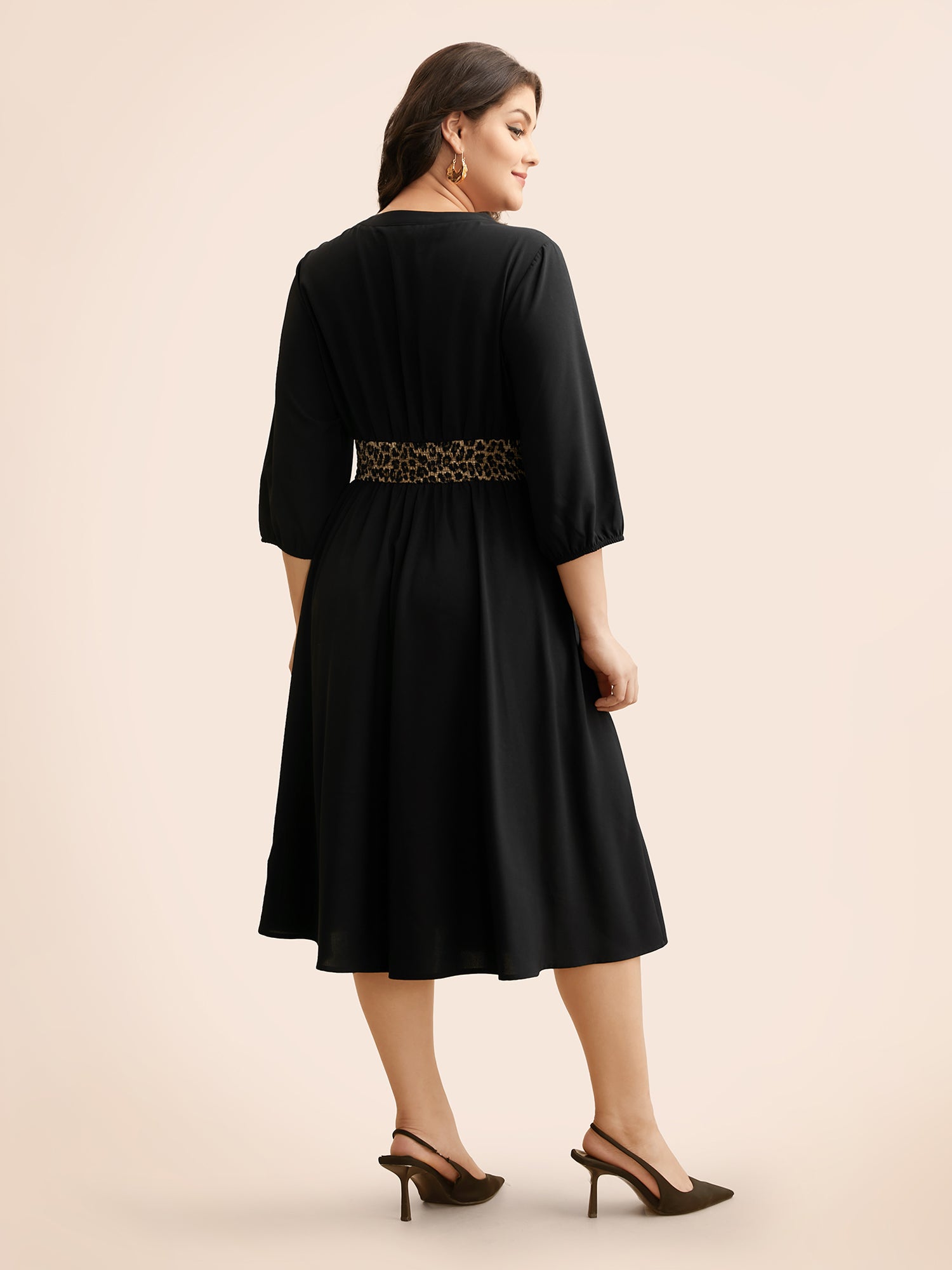 Notched Collar Leopard Print Patchwork Dress