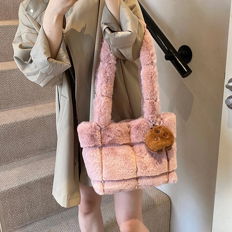 Women's Plush Solid Color Classic Style Square Magnetic Buckle Shoulder Bag Crossbody Bag