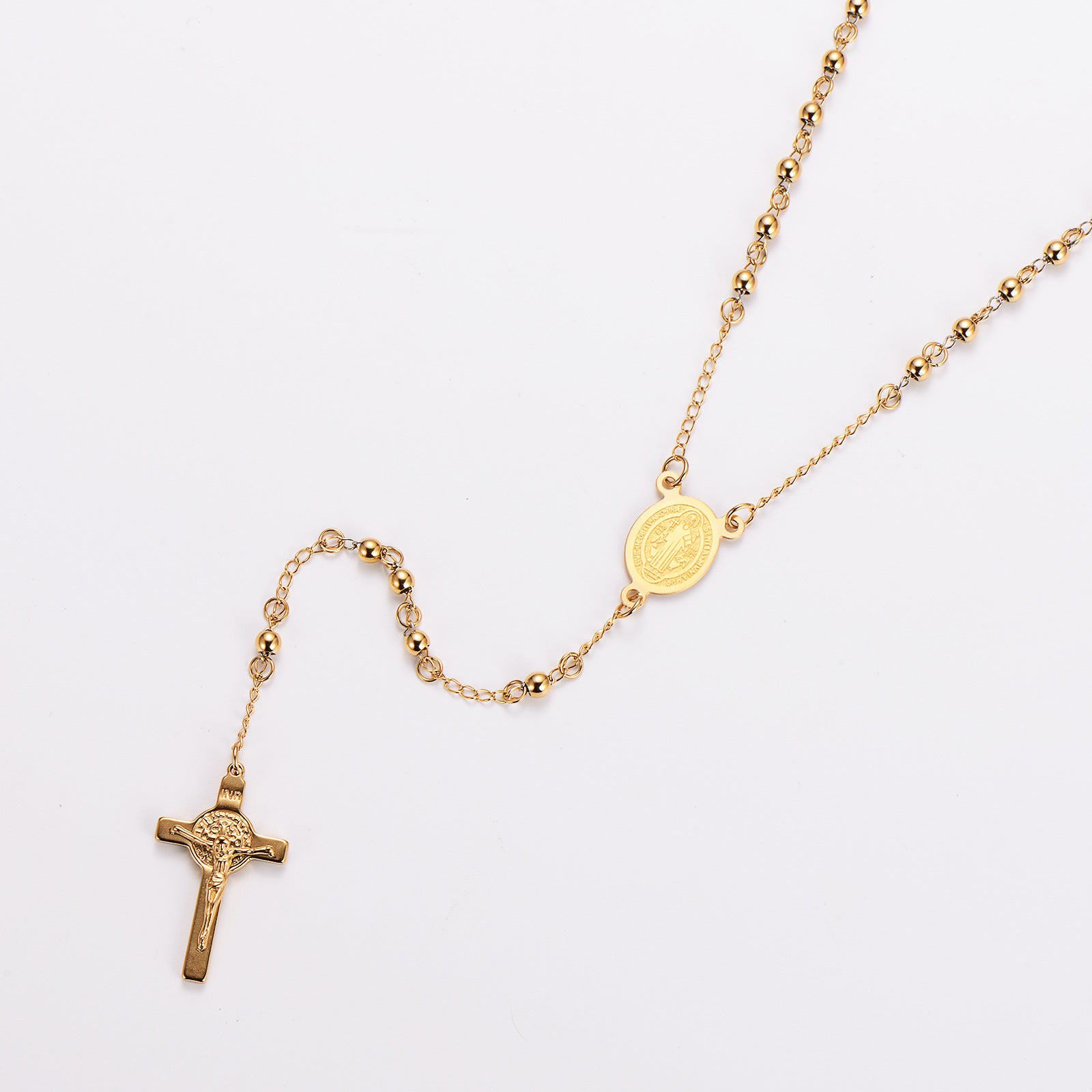 Aml Fashion Stainless Steel Round Beads Rosary Men And Women Cross Necklace Sweater Chain
