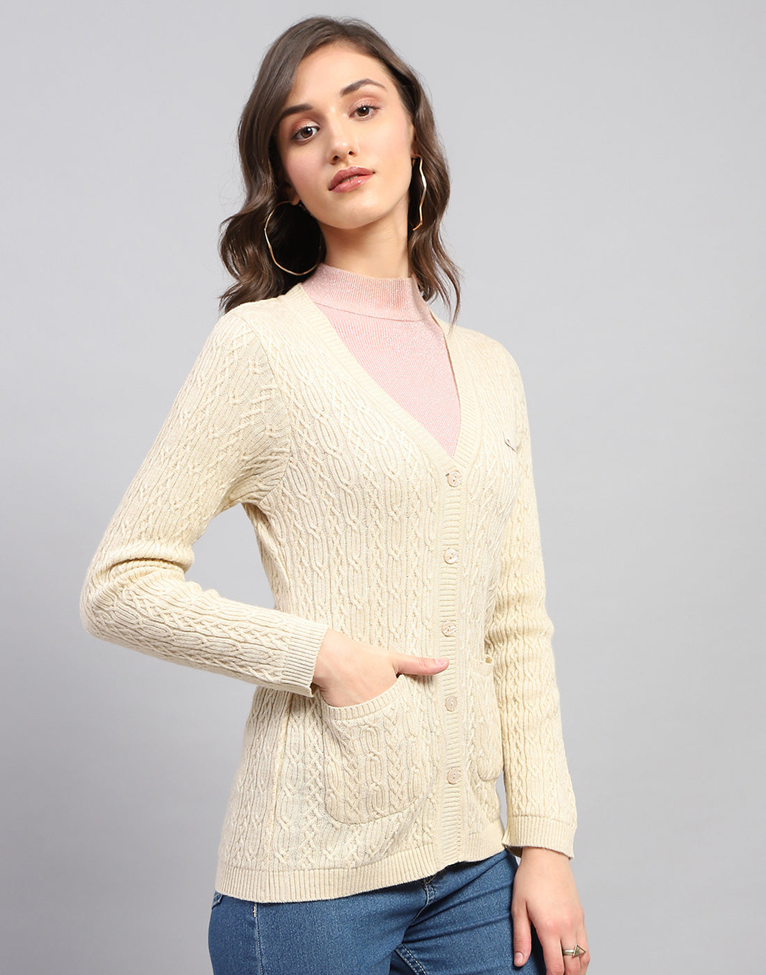 Women Beige Self Design V Neck Full Sleeve Cardigan