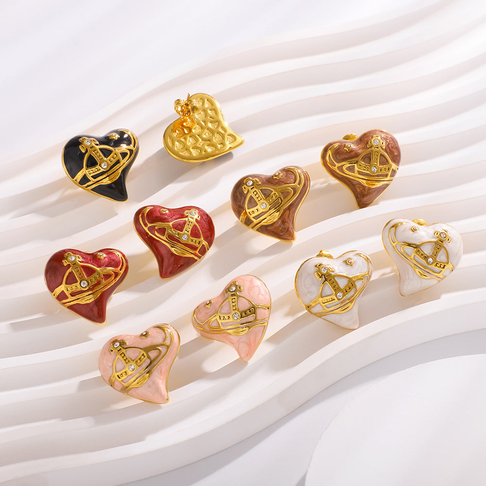 Fashionable Planet Love Earrings With Diamonds Small And Exquisite Oil-Drop Stainless Steel Earrings For Women