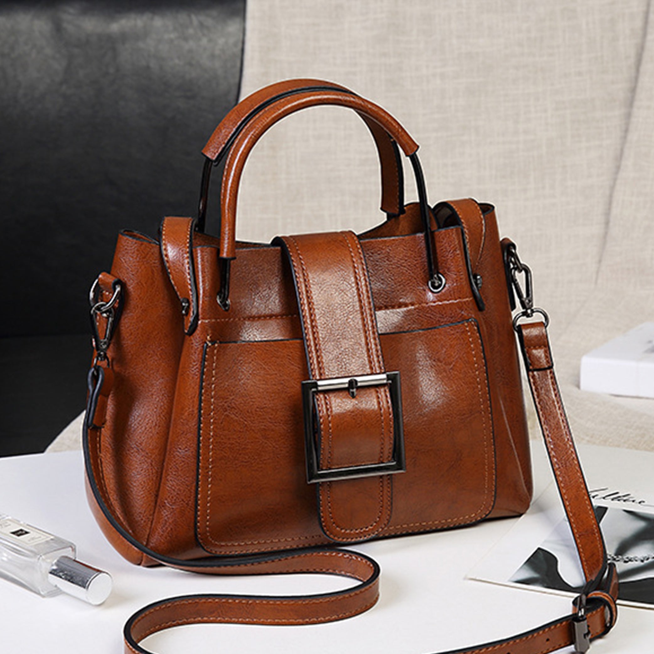 Retro Wax PU Leather Large Capacity Shoulder Tote