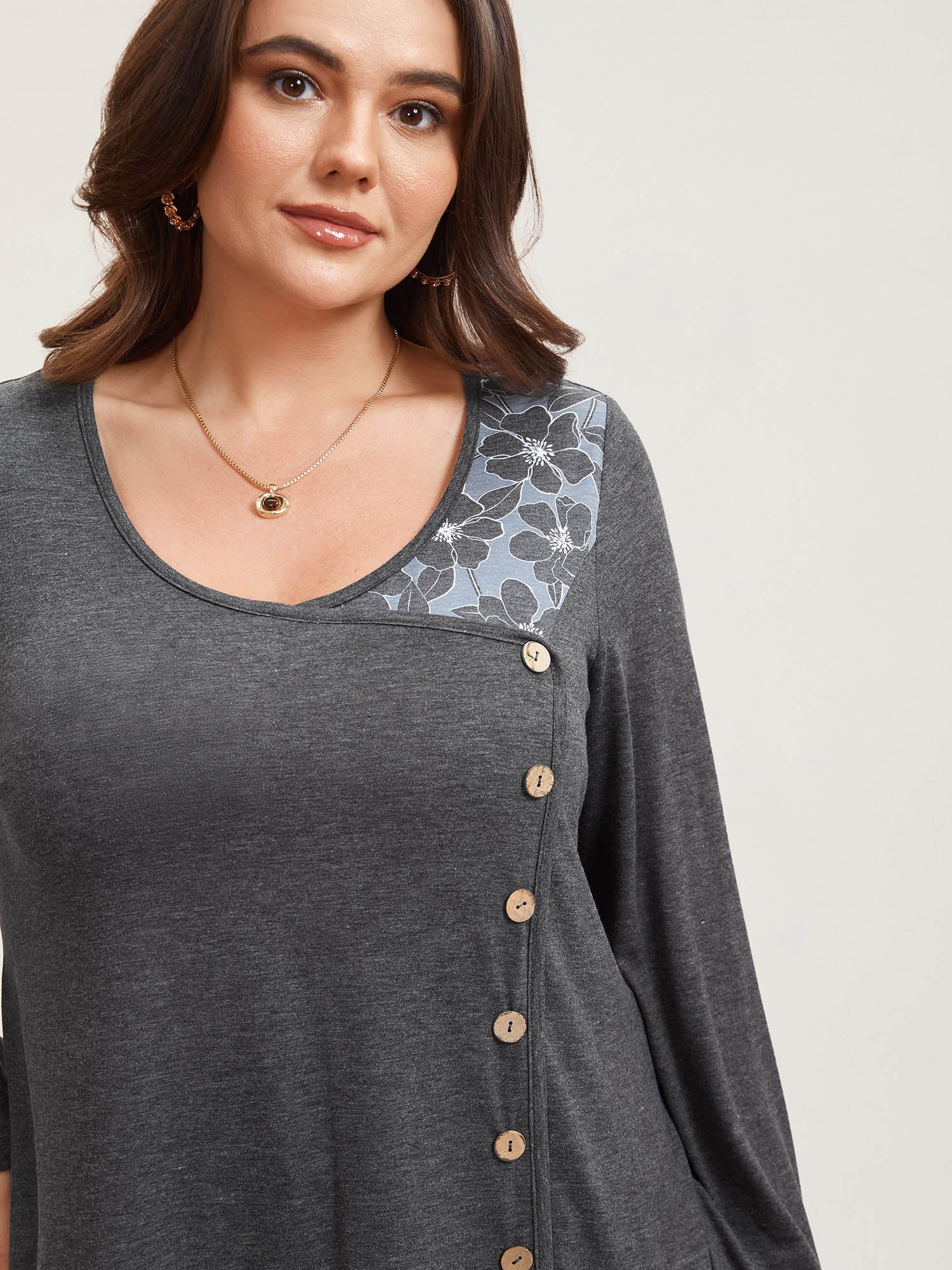 Printed Side-Buttons Wrap Knit Top