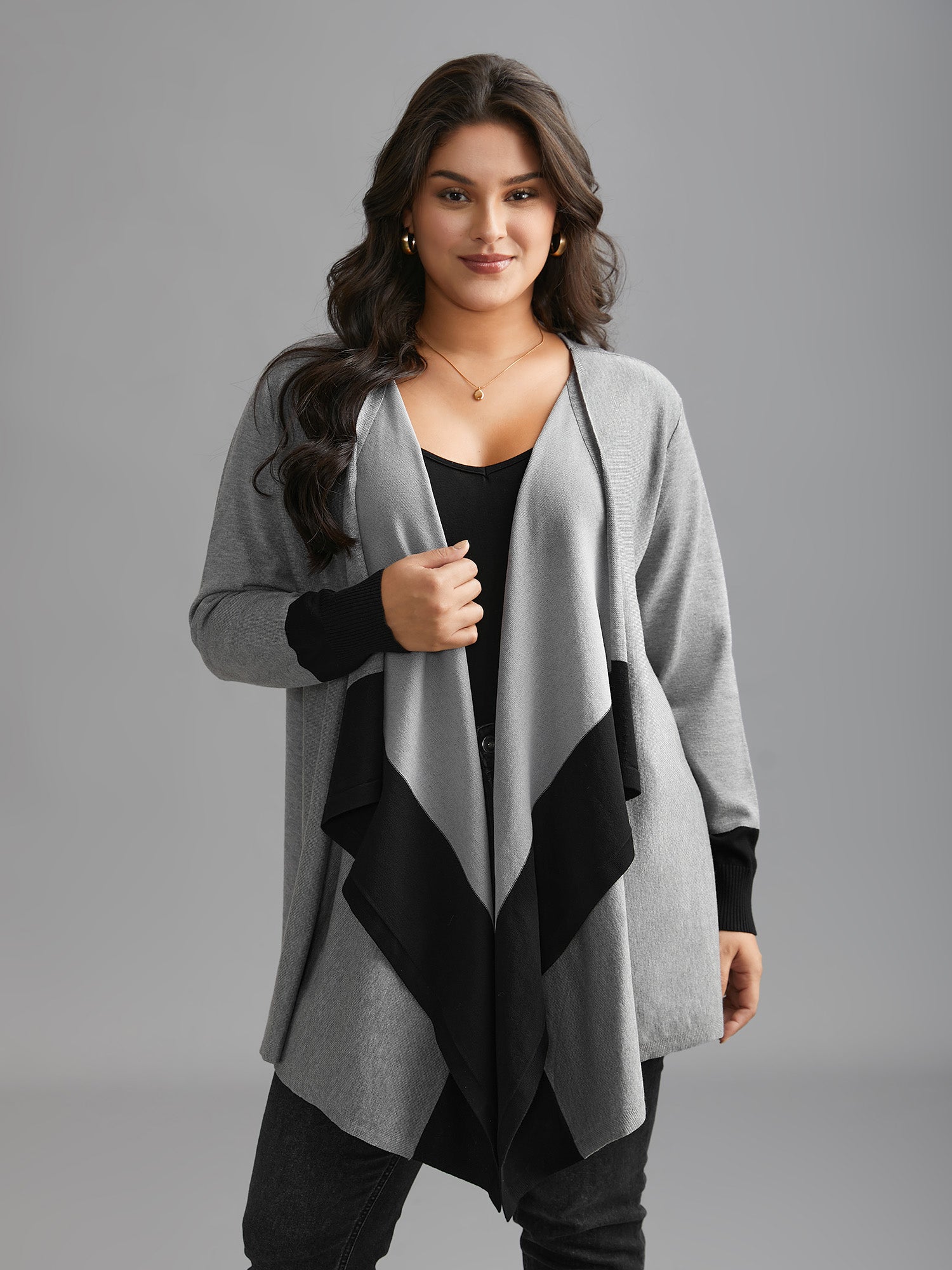 Contrast Kimono Collar Asymmetrical Hem Cardigan