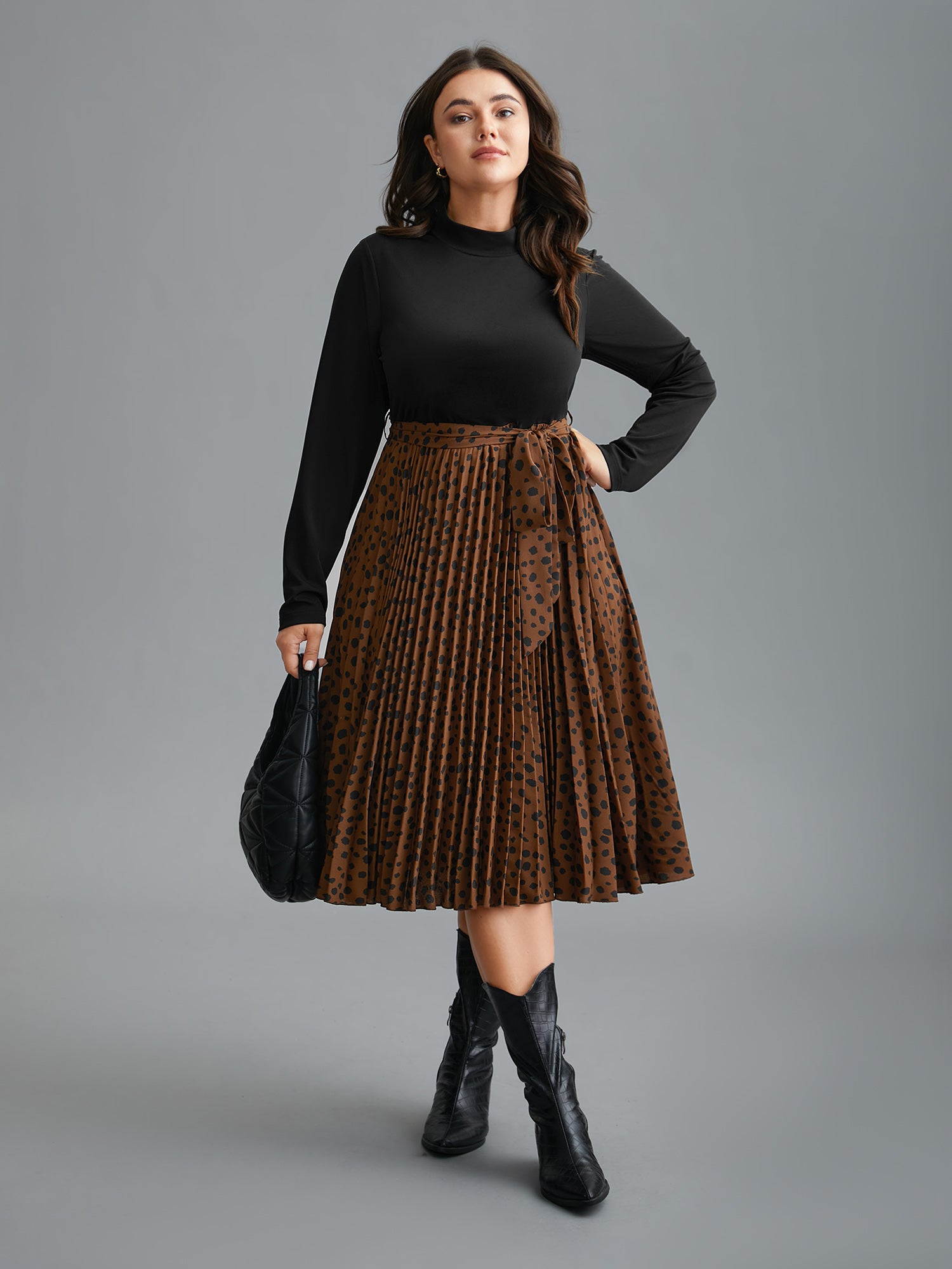 Leopard Print Pleated Mock Neck Midi Dress