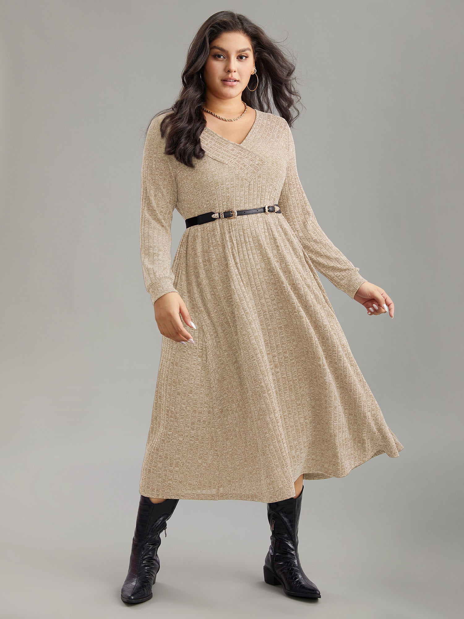 Rib Knit Plain Plisse Long Sleeve Dress