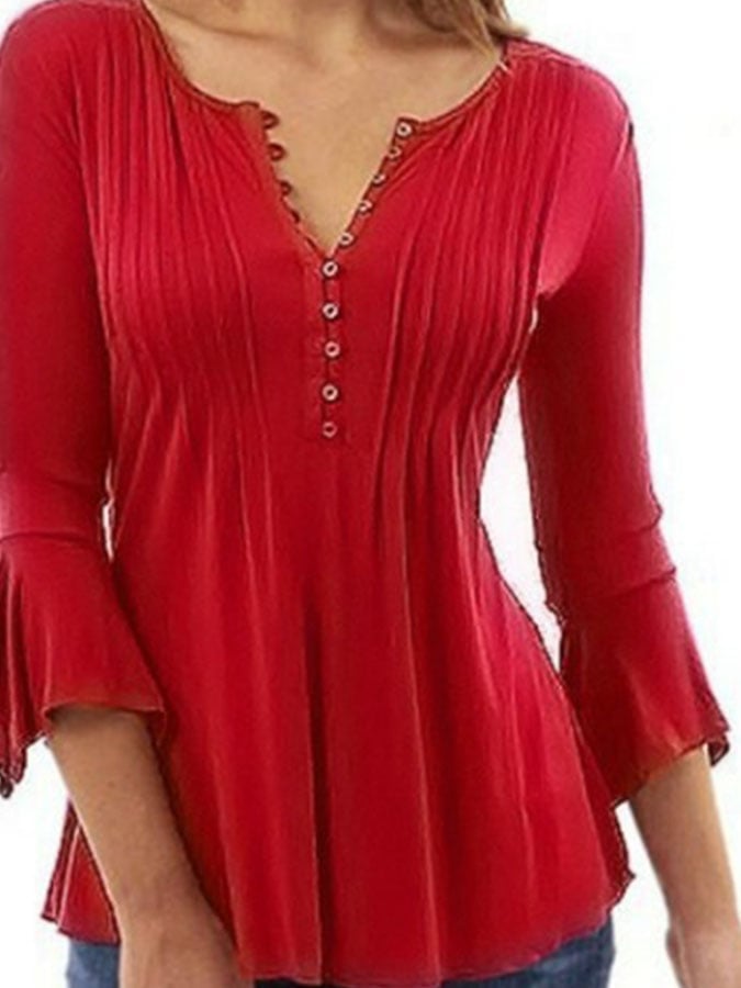 Casual Pleated Flared Sleeve Top