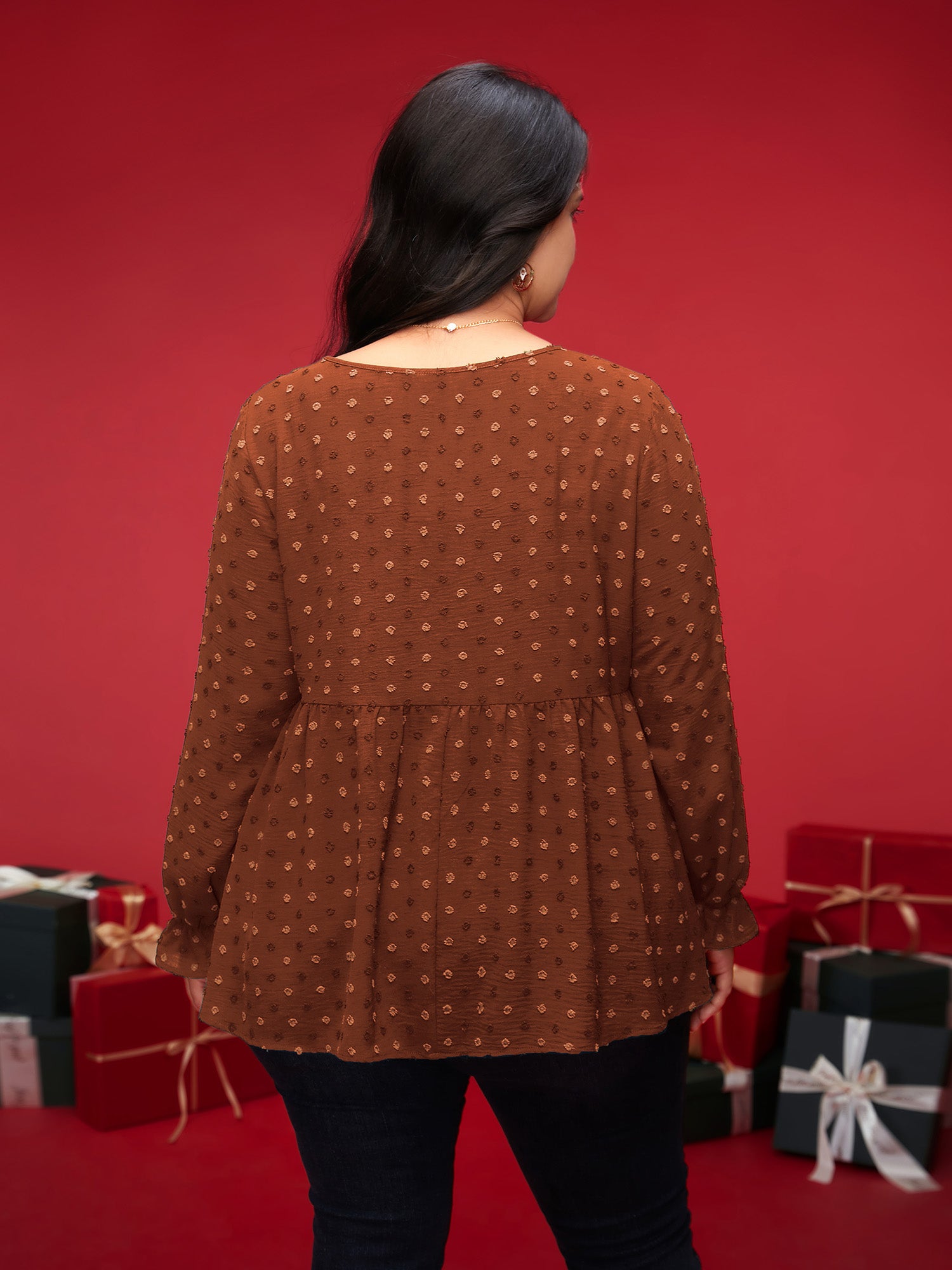 Textured Dot Elastic Cuffs A-line Blouse