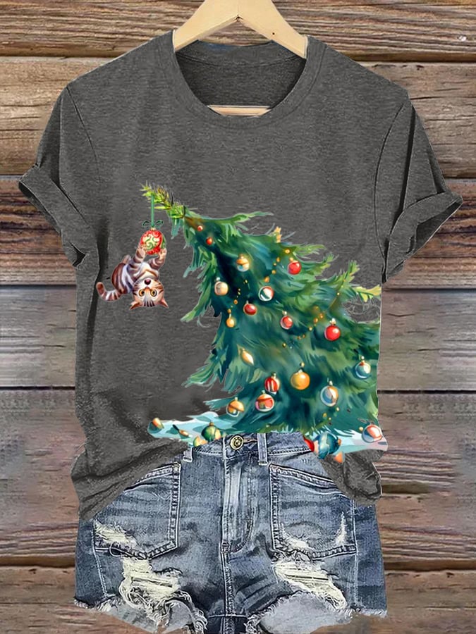 Women's Cat On Christmas Tree Christmas Print Round Neck Short Sleeve T-Shirt