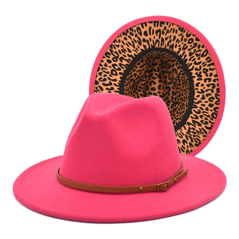 Hot Sale New Leopard Print Color Matching Top Hat Autumn And Winter Jazz Felt Hat Double-sided Personality Belt Top Hat Trend