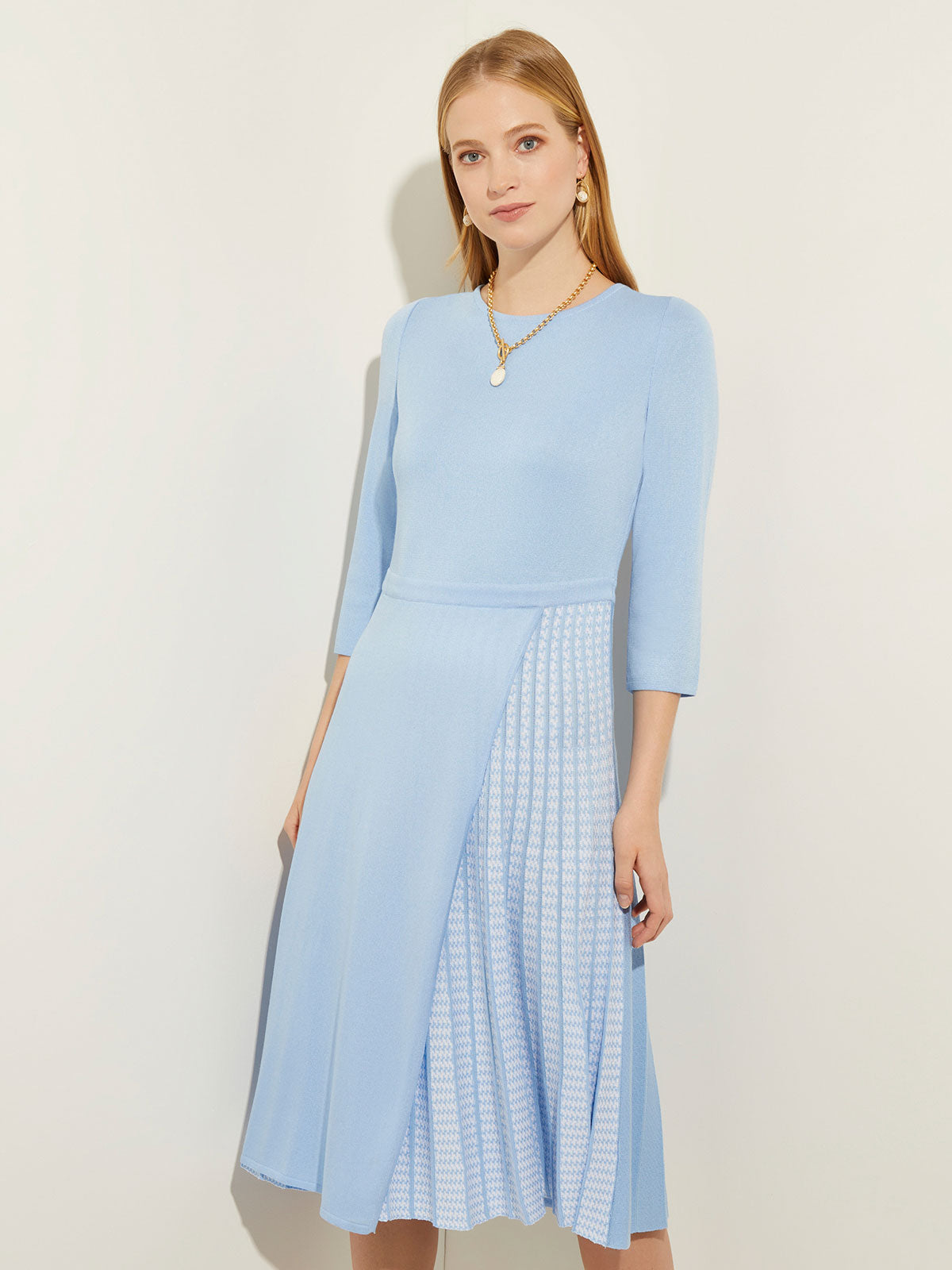 Pleated Contrast Panel Soft Knit Dress, Cirrus Blue