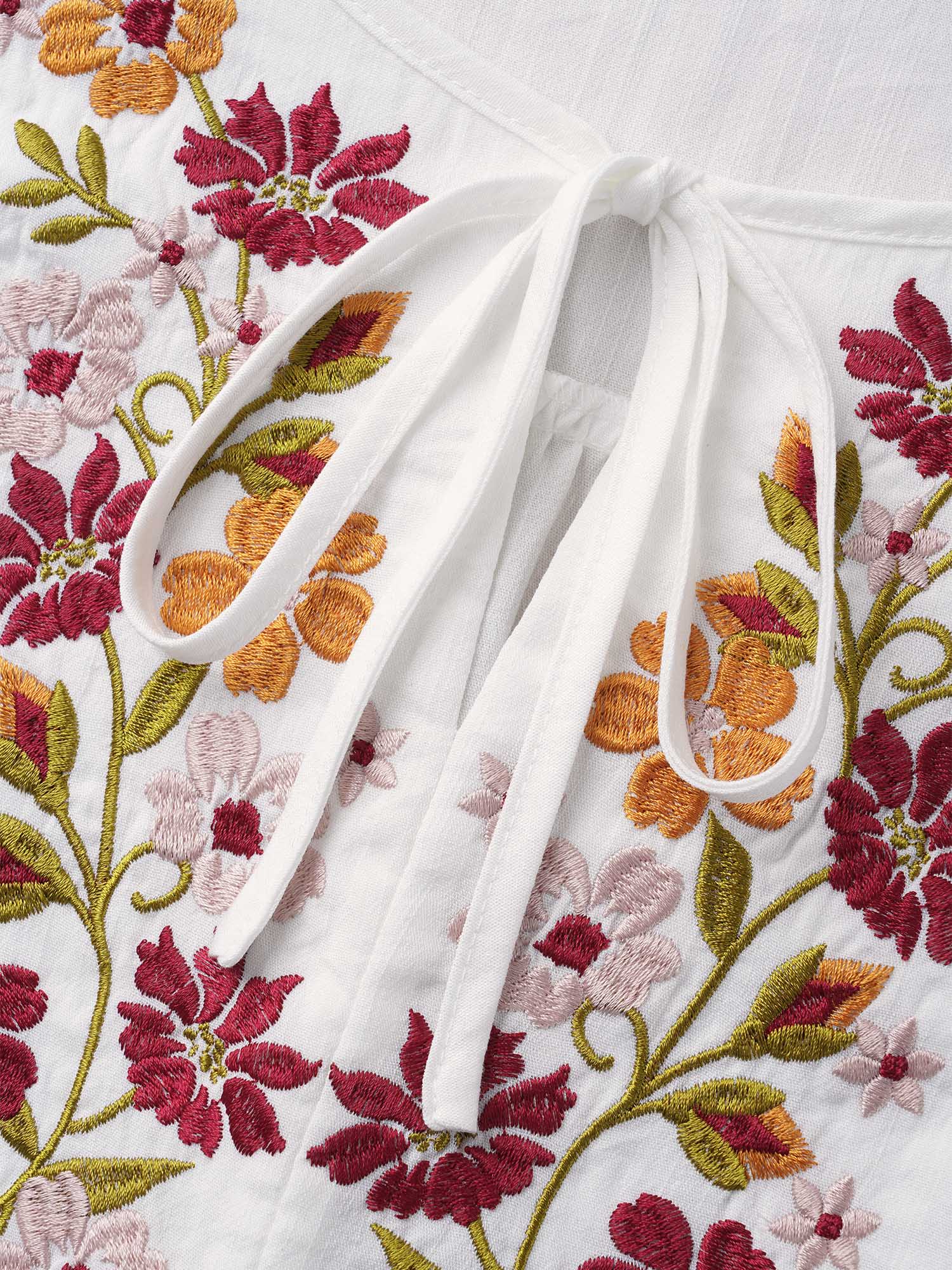 Floral Embroidered Tie Knot Lantern Sleeve Blouse