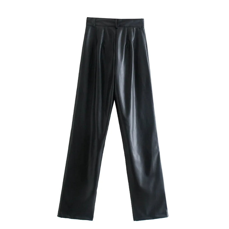 Vintage High Waist Faux Leather Straight Pants