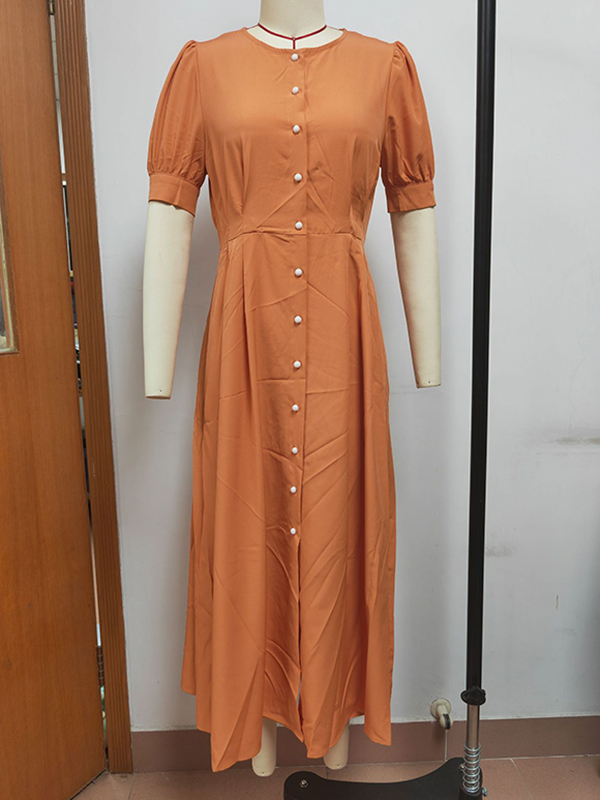 Puff Sleeves Short Sleeves Buttoned Solid Color Round-Neck Midi Dresses Shirt Dress