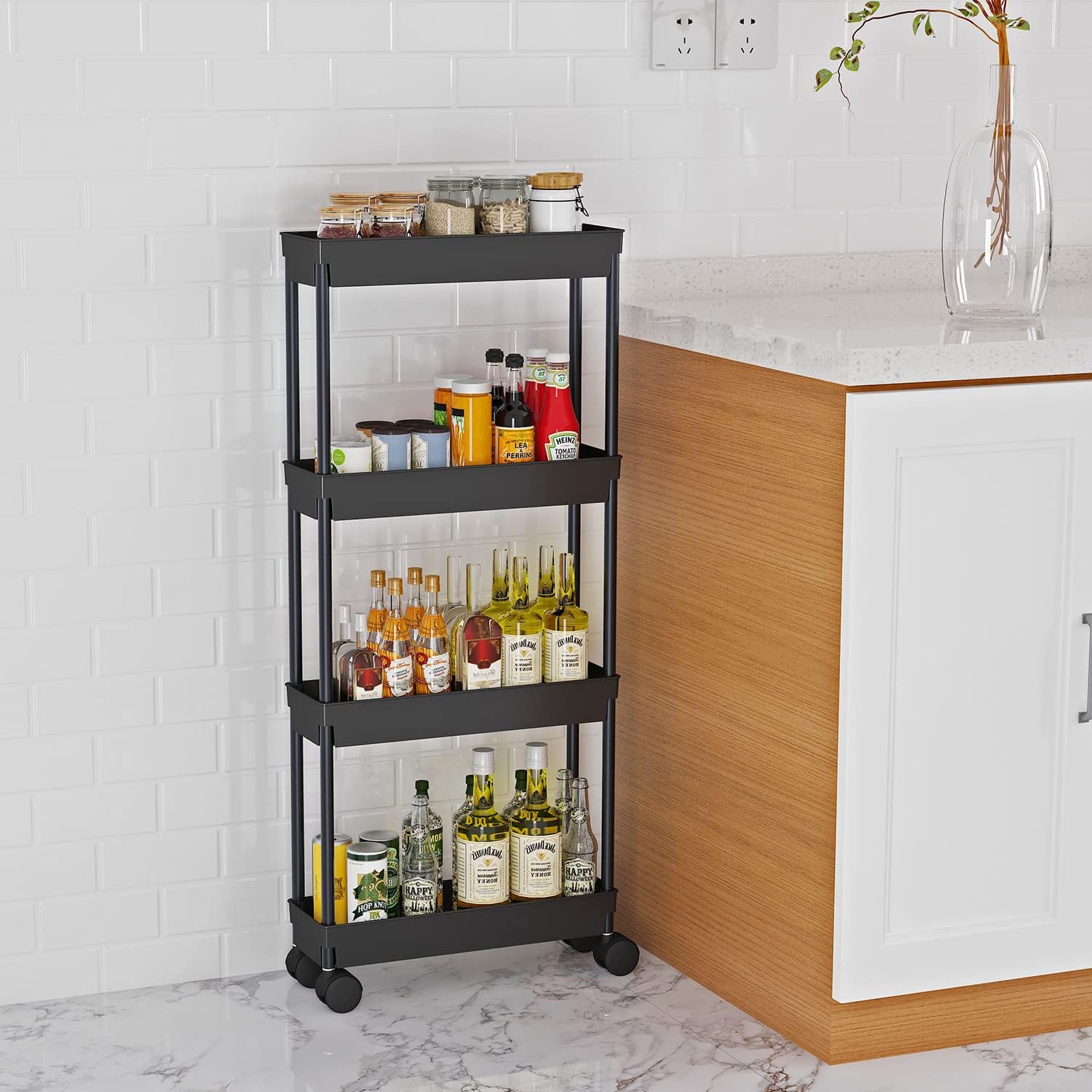 4 Tier Slim Storage Cart. Rolling Storage Cart. Narrow Shelf For Kitchen. Bathroom. Laundry Room (Black)