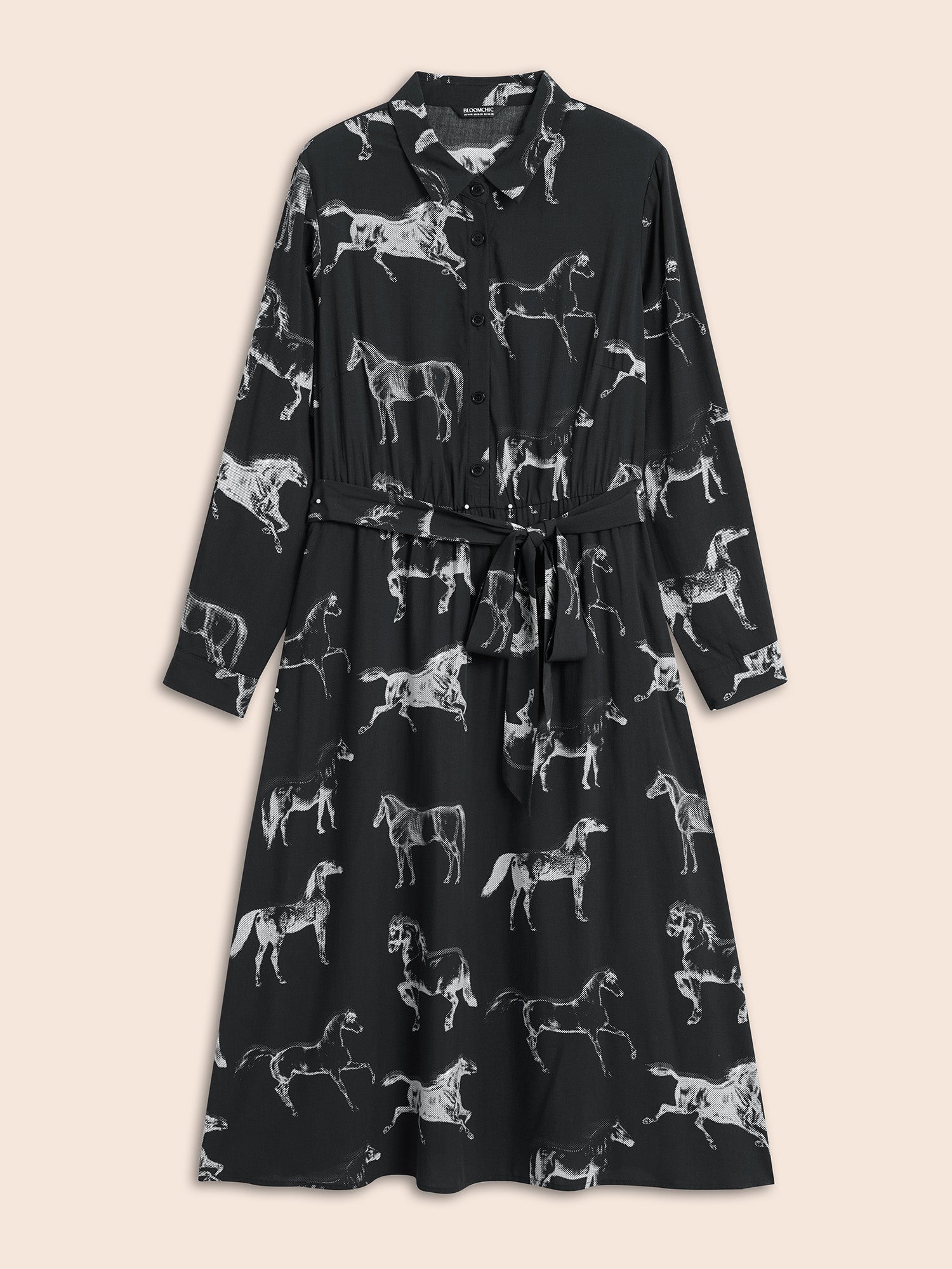 Horse Print Belted Midi Dress