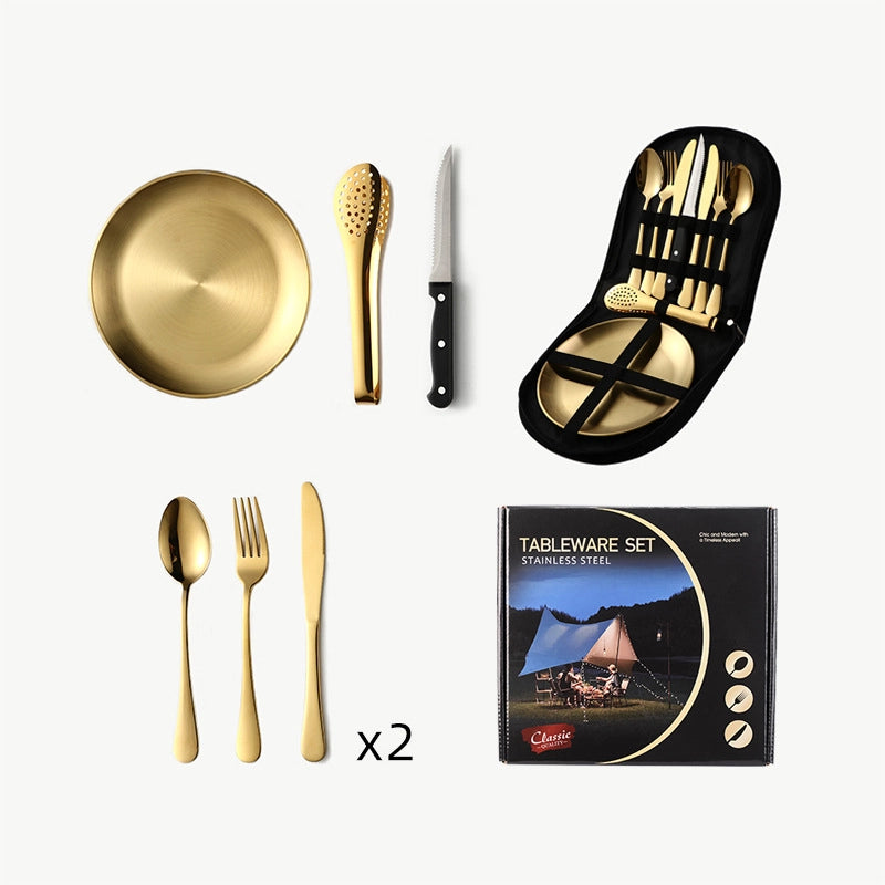 Outdoor Travel Stainless Steel Tableware Camping Picnic Barbecue Plate Clip Steak Knife. Fork And Spoon Suit Portable Storage Bag