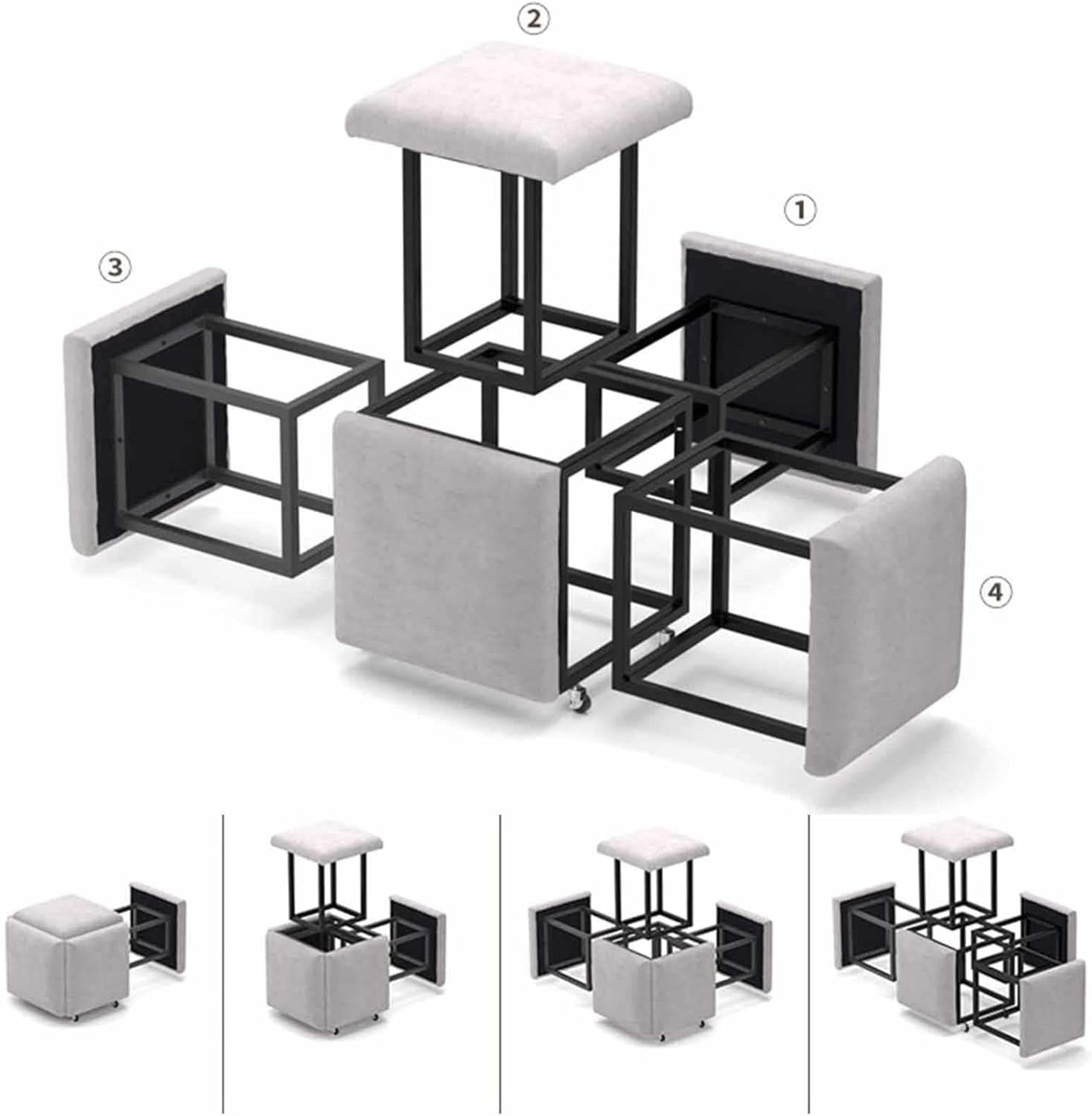 5-In-1 Cube Nesting Ottoman Stool. Footstool. Stackable Sofa Chair. With Casters