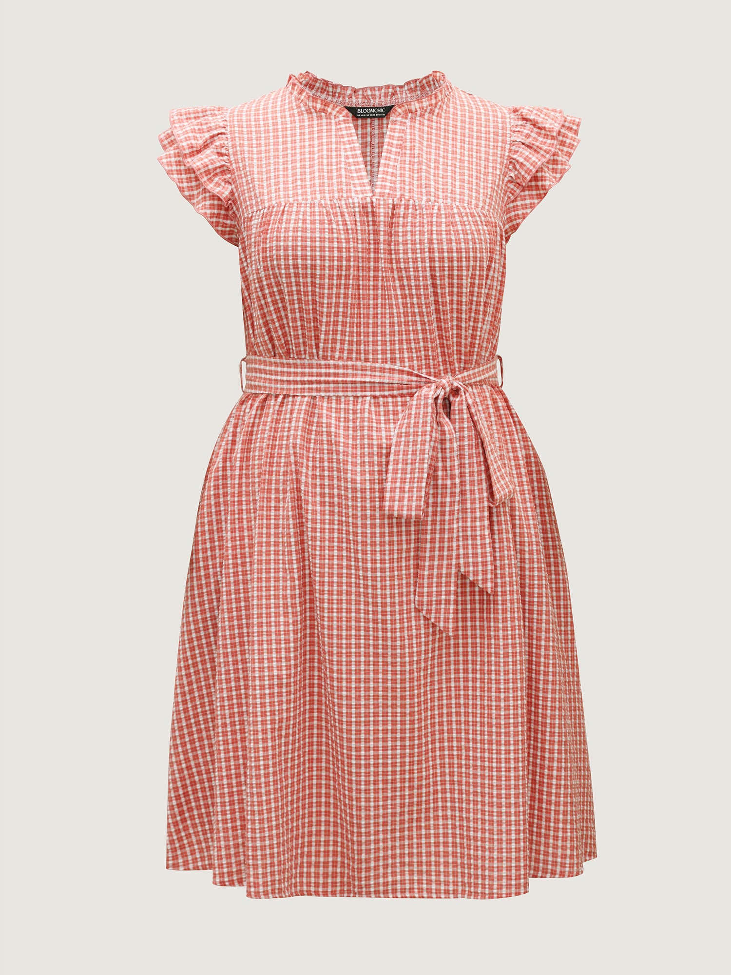 Gingham Print Belted Flutter Sleeve Midi Dress