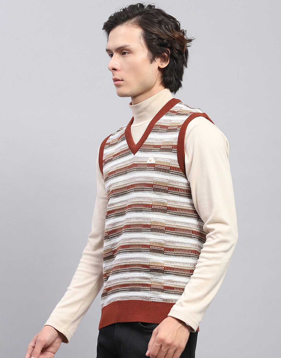 Men Brown Self Design V Neck Sleeveless Sweater