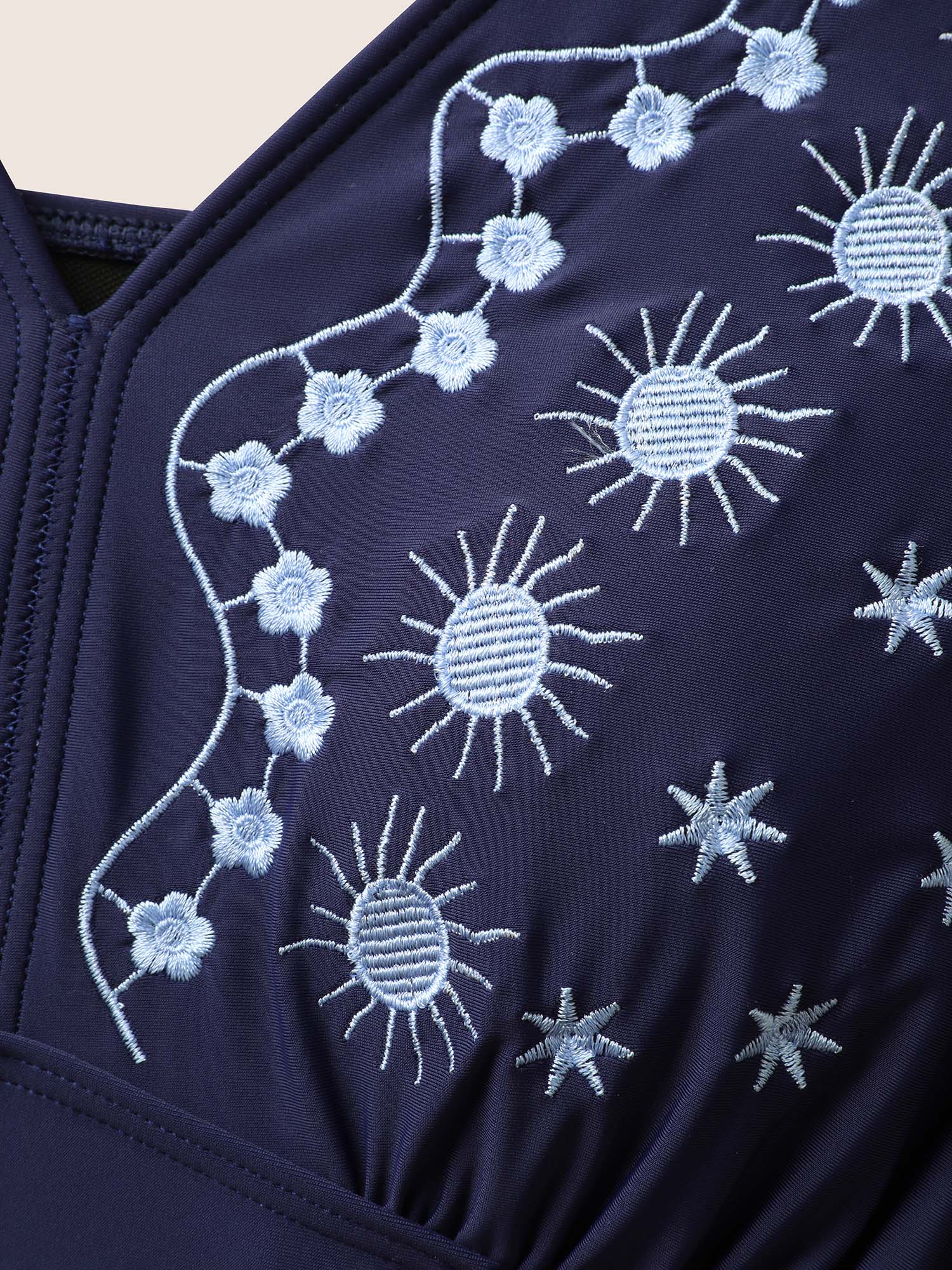V Neck Moon & Star Embroidered Gathered Swim Dress