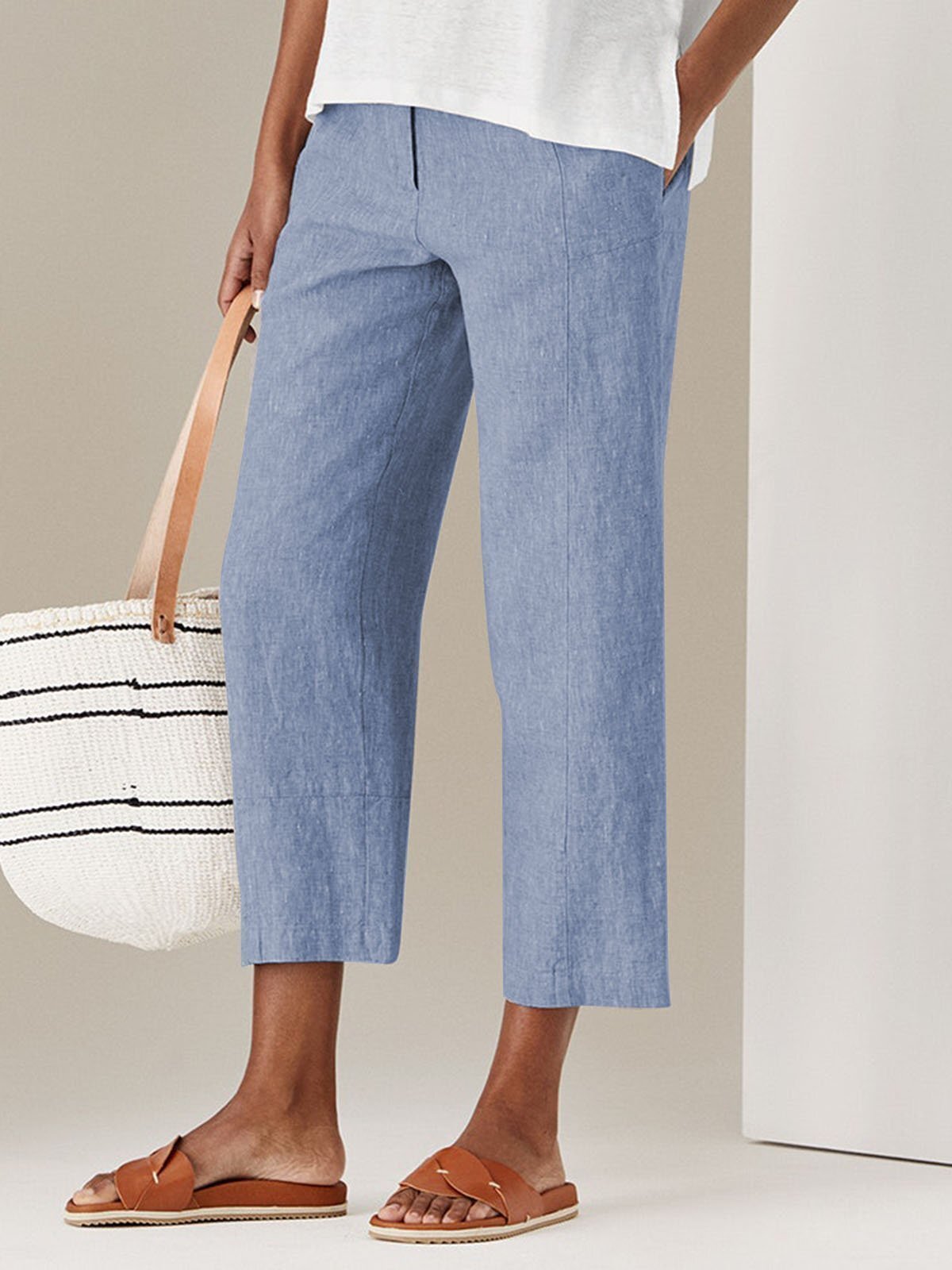 Solid Casual Pockets Cotton Pants