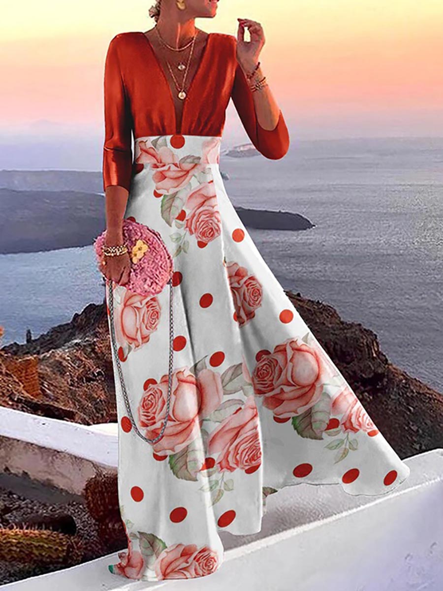 Fashion Print Long Sleeve Plunge V Neck Color Block Dresses