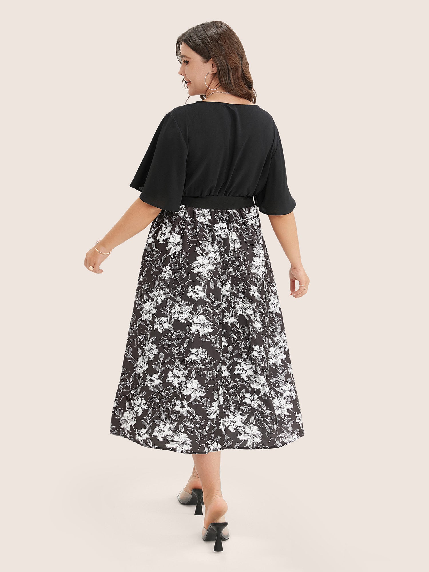 Floral Patchwork Pocket Belt Surplice Neck Ruffle Hem Dress
