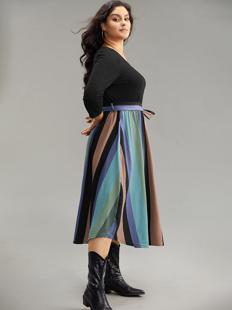 Striped Contrast Patchwork Belted Dress