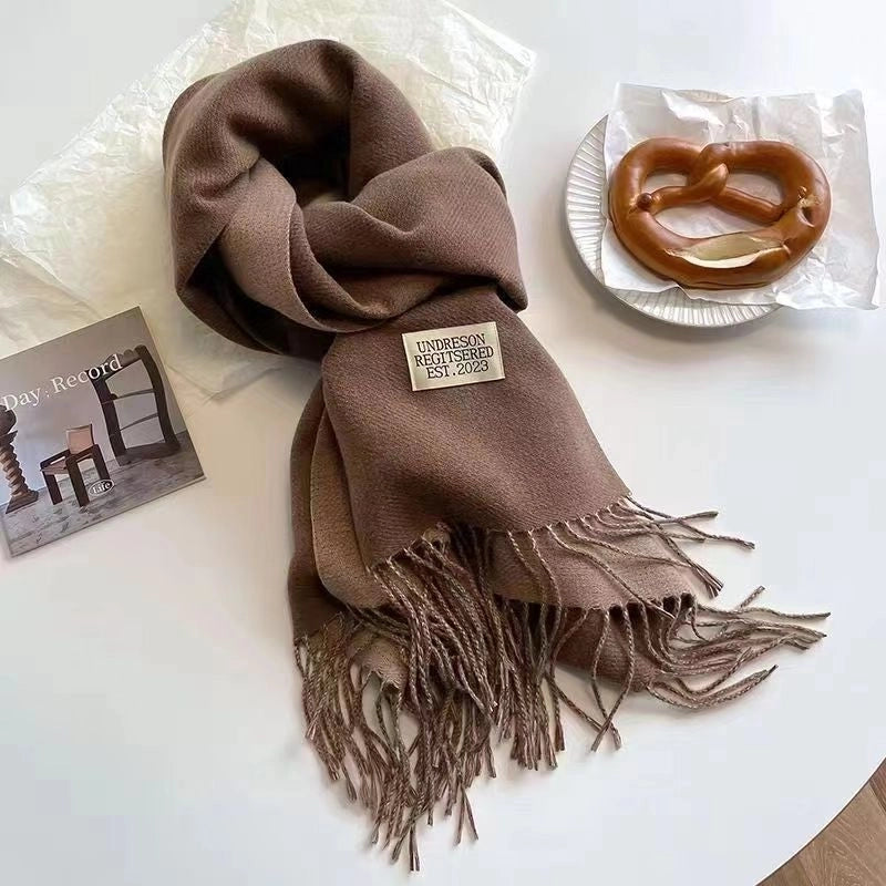 New Autumn And Winter New Pure Color Cashmere-like Double-sided Tassel Scarf Female Thickened Student Dual-use Shawl Fashion