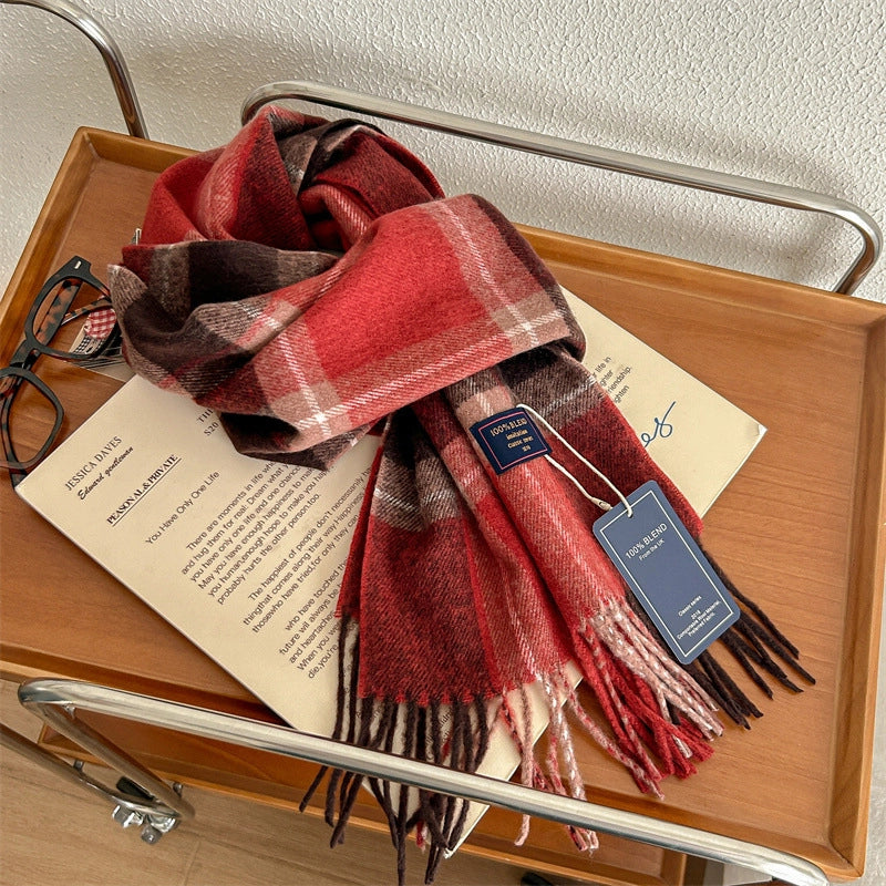 Women's Retro Plaid Polyester Tassel Scarf