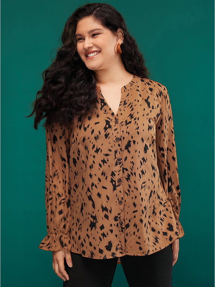 Leopard Print Button Up Split Hem V Neck Blouse