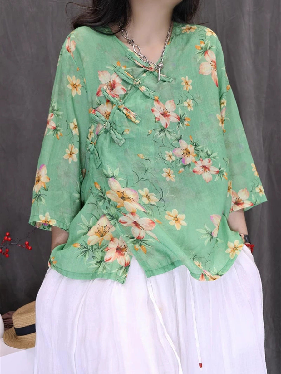 Women Summer Ethnic Flower 100%Ramie V-Neck Shirt
