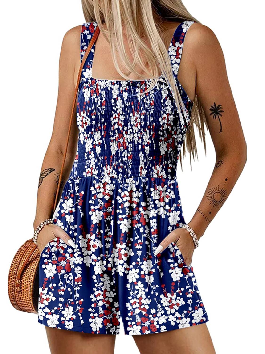 Women's Summer Square Neck Sleeveless Loose Casual Short Smocked Romper