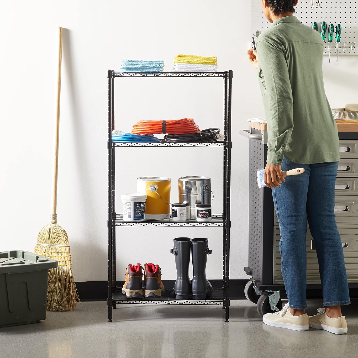 Amazon Basics 4-Shelf Steel Wire Storage Rack. Adjustable. Sturdy. Easy Assembly. 13.4 D x 23.2 W x 48 H in. Black